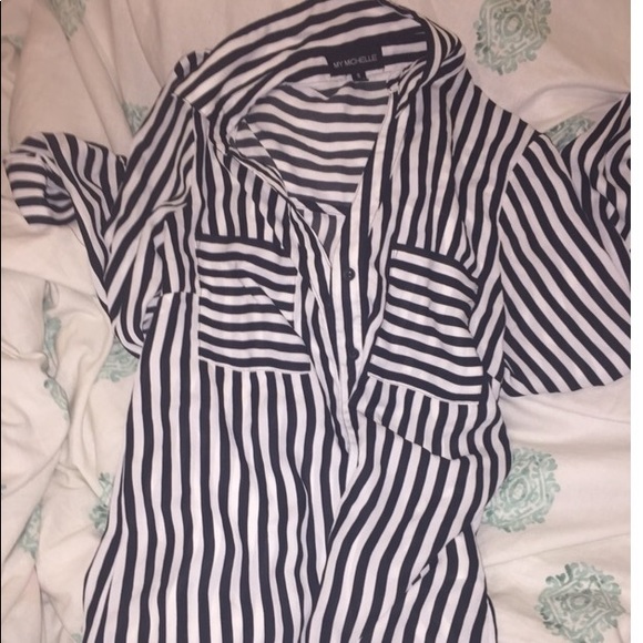 Black and white striped button up juniors shirt - Picture 1 of 1